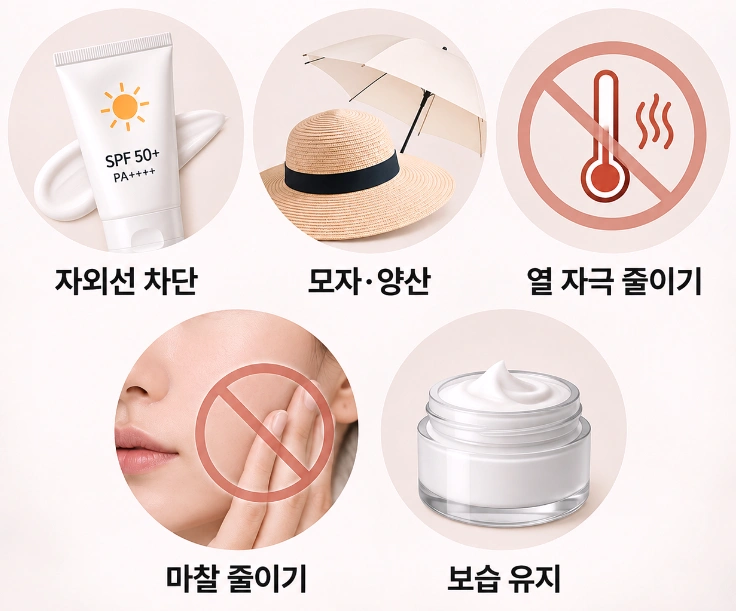 기미 관리 시 자외선 차단·모자와 양산·열 자극 감소·마찰 줄이기·보습 유지를 정리한 생활관리 이미지