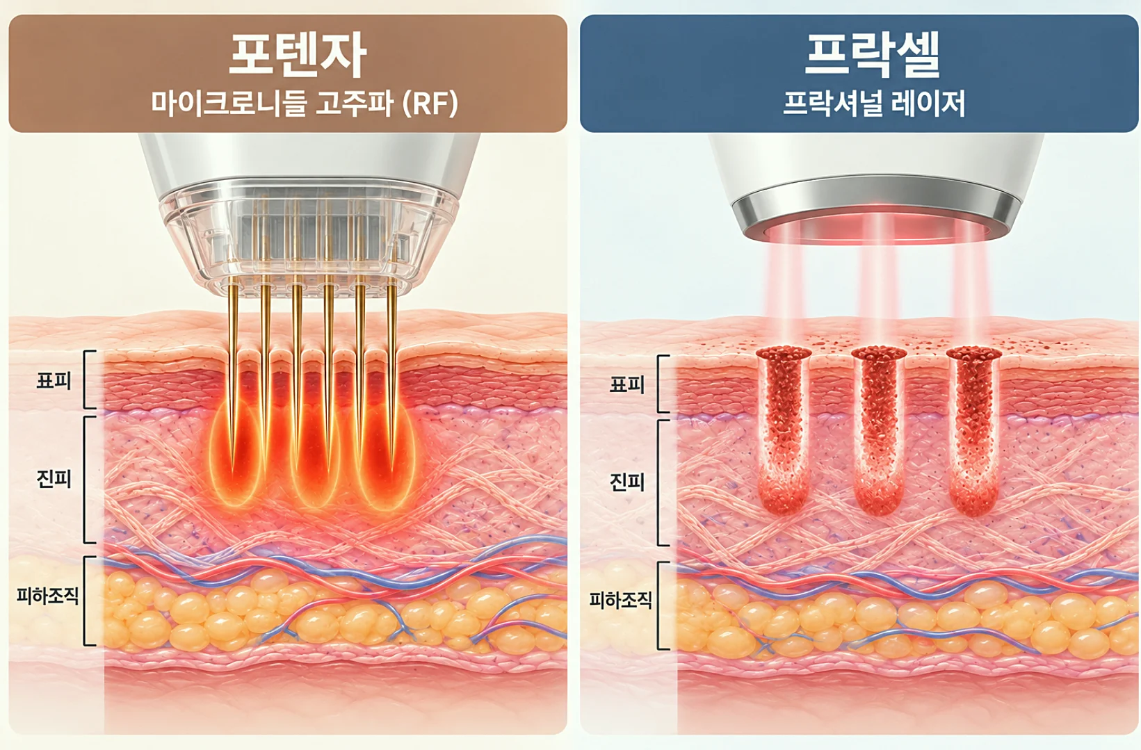 포텐자 마이크로니들 고주파와 프락셀 레이저의 피부 침투 원리 비교 다이어그램