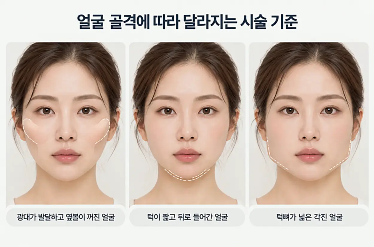 광대 돌출과 옆볼 꺼짐, 짧은 턱, 각진 턱뼈 등 얼굴 골격에 따른 인모드 슈링크 시술 기준 안내