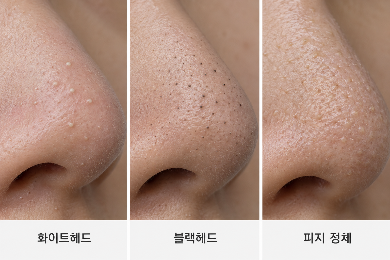 화이트헤드 블랙헤드 피지 정체 피부 상태 비교