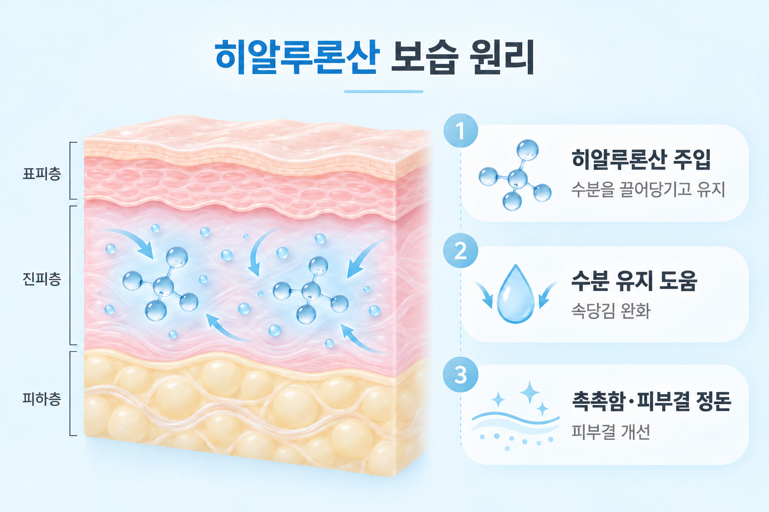 히알루론산이 피부 진피층에서 수분을 유지해 속당김과 피부결을 개선하는 원리