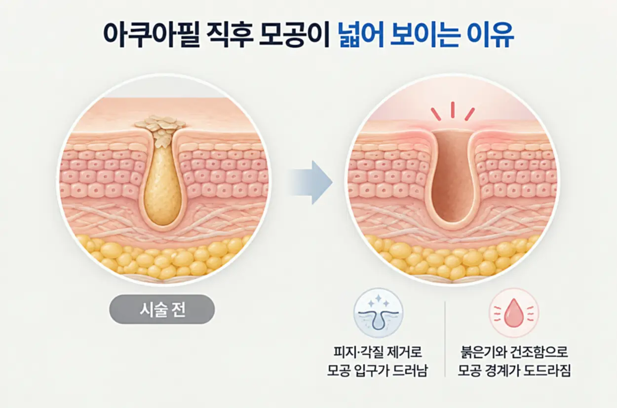 아쿠아필 시술 전 피지와 각질로 막힌 모공과 시술 후 피지 제거 및 붉은기·건조함으로 모공 입구가 넓어 보이는 원인을 비교한 피부 단면 일러스트