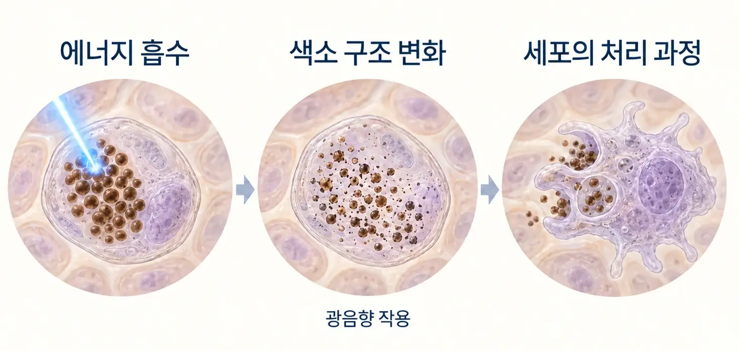 레이저 에너지 흡수, 색소 구조 변화, 세포의 잔여 색소 처리 과정을 나타낸 개념도