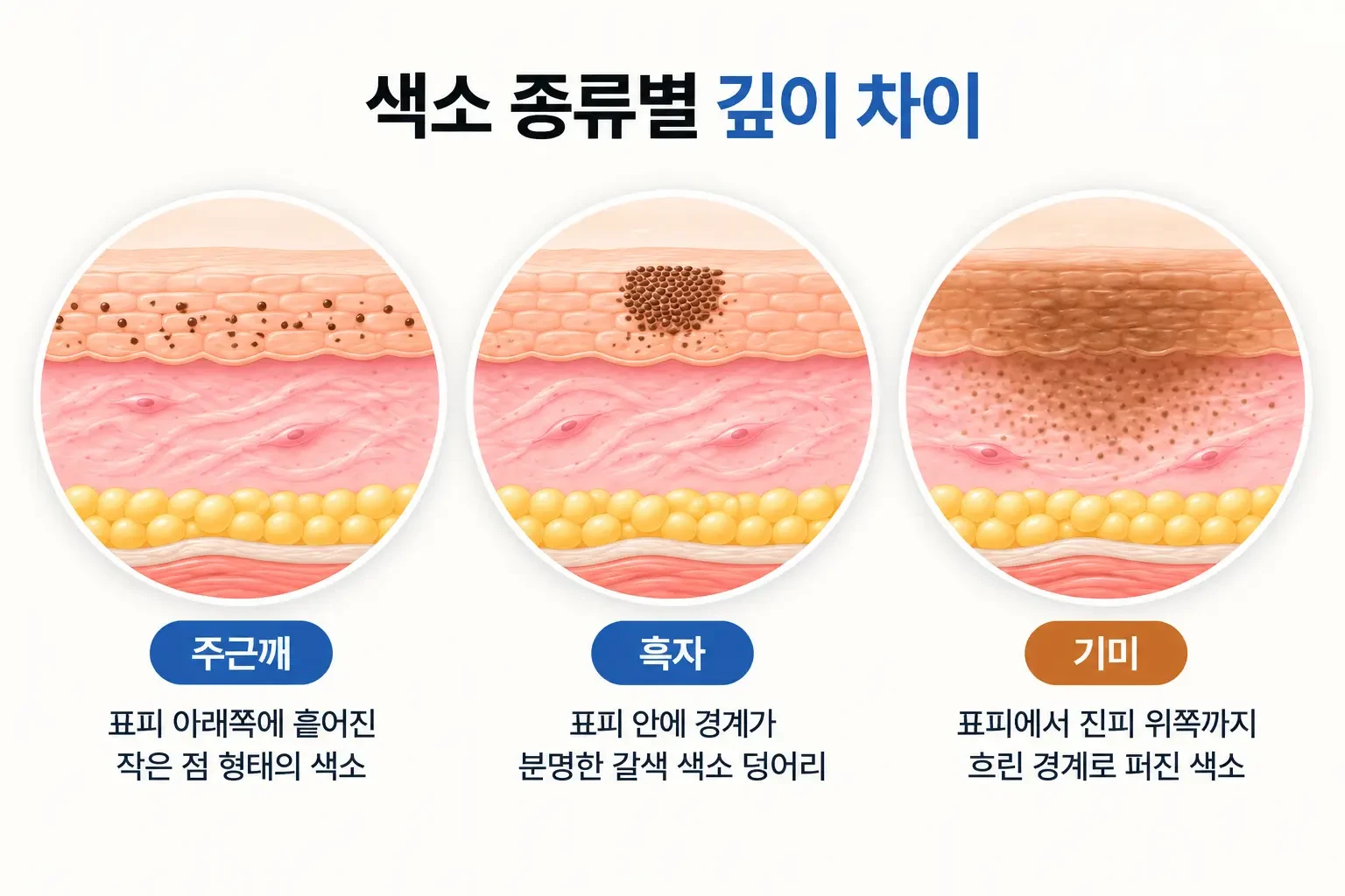주근깨, 흑자, 기미 색소가 자리한 깊이를 표피와 진피로 나눠 동일 배율로 비교한 피부 단면도