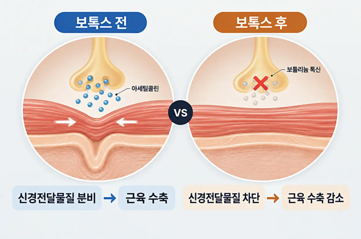 미간주름 보톡스 시술 후 신경근 접합부 비교하는 피부 단면도
