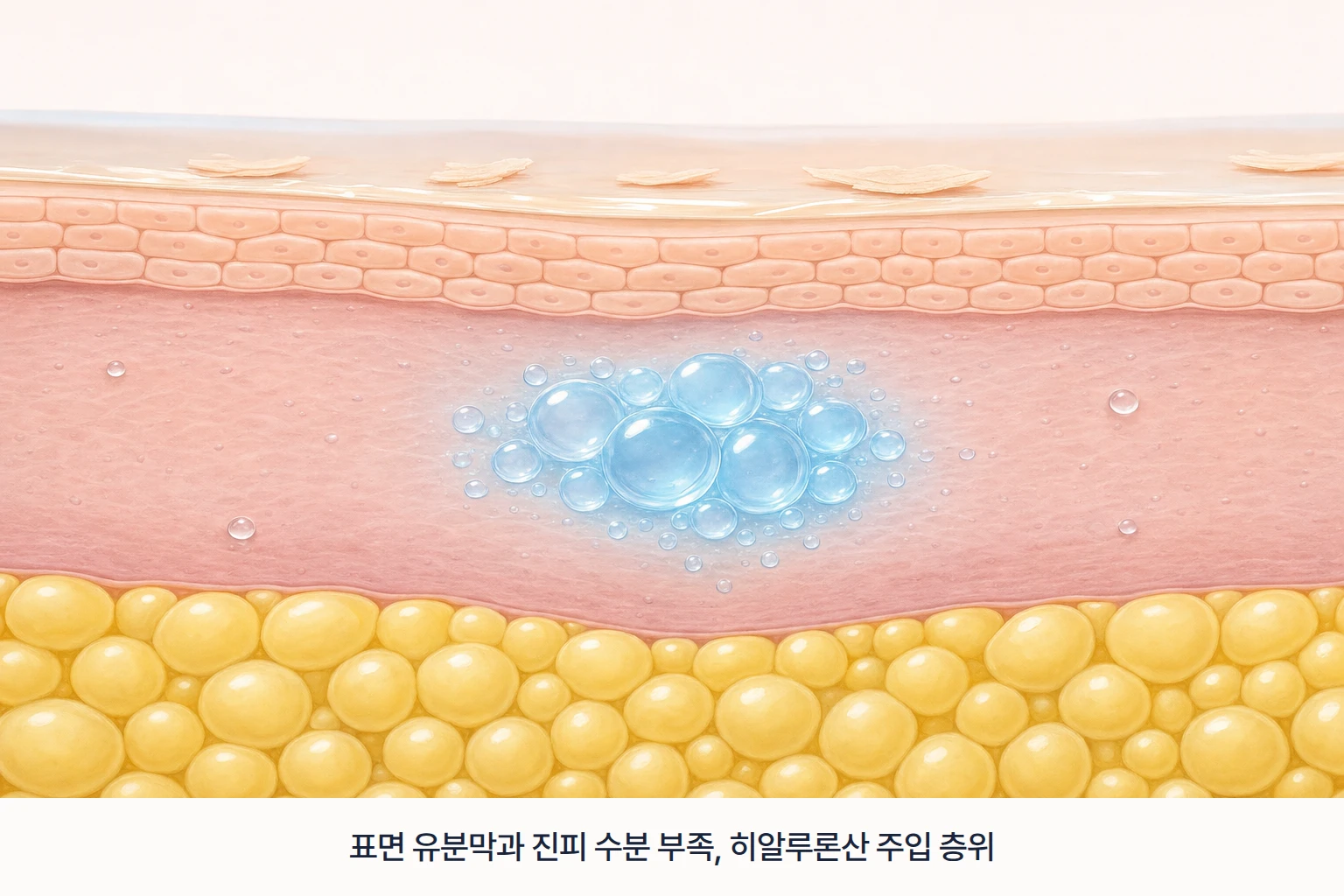 겉은 유분이 돌지만 진피 수분이 부족한 속건조 피부와 히알루론산 주입 층위를 그린 단면도