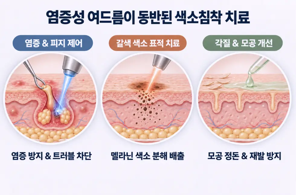 염증성 여드름 동반 색소 침착 치료를 위한 염증 및 피지 제어, 갈색 색소 멜라닌 분해, 각질 및 모공 정돈 3단계 치료 시스템