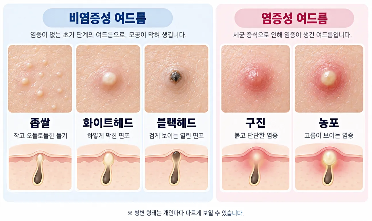 비염증성 여드름과 염증성 여드름 형태 구분 - 좁쌀 화이트헤드 블랙헤드 구진 농포