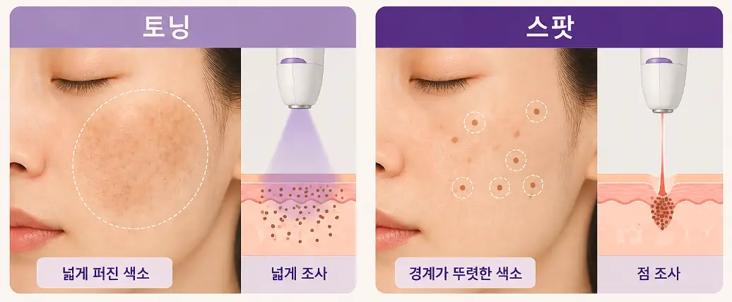 잡티 제거 시 토닝과 스팟 조사 방식의 차이