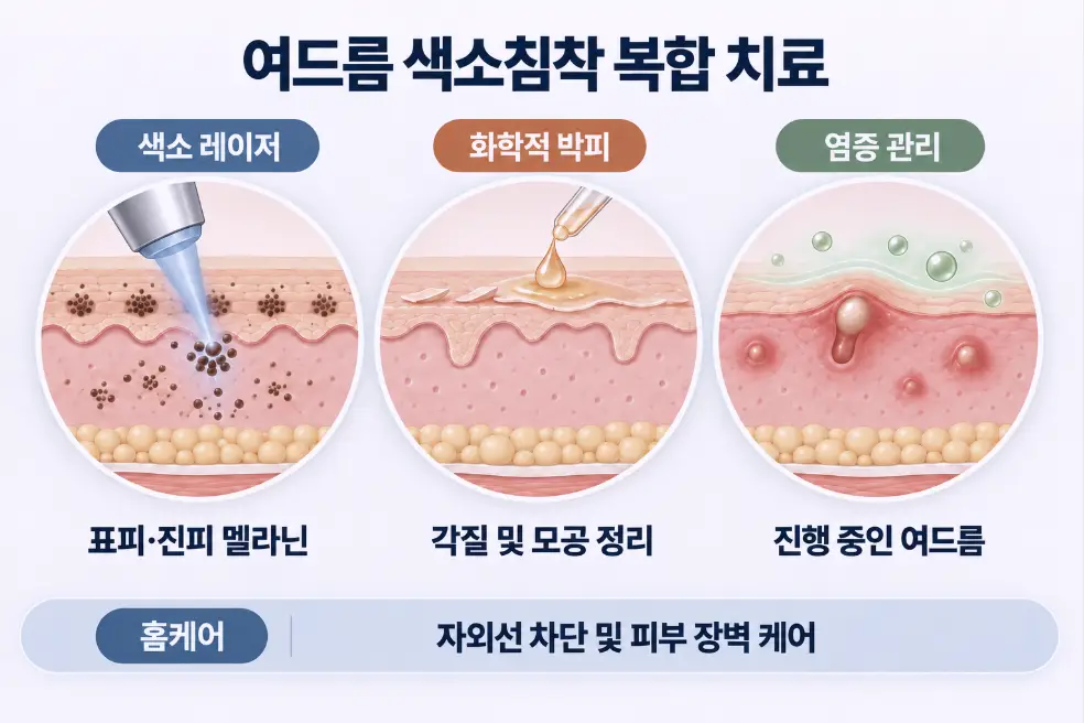 색소 레이저와 화학적 박피, 염증 관리 및 자외선 차단 홈케어로 구성된 여드름 색소침착 치료 안내
