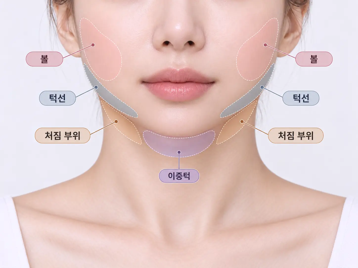 울쎄라 리프팅을 고려하는 턱선 볼 이중턱 처짐 부위 표시 일러스트