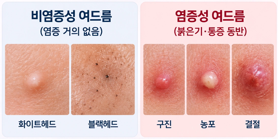 비염증성 여드름(화이트헤드·블랙헤드)과 염증성 여드름(구진·농포·결절)의 형태를 비교한 인포그래픽