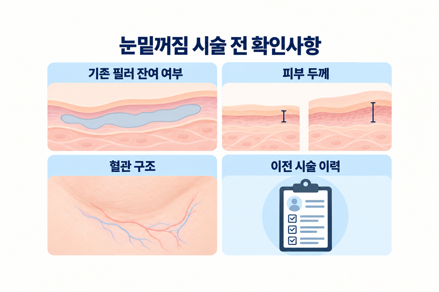 눈밑꺼짐 시술 전 기존 필러 잔여 여부와 피부 두께, 혈관 구조 및 이전 시술 이력을 확인하는 사항을 정리한 이미지