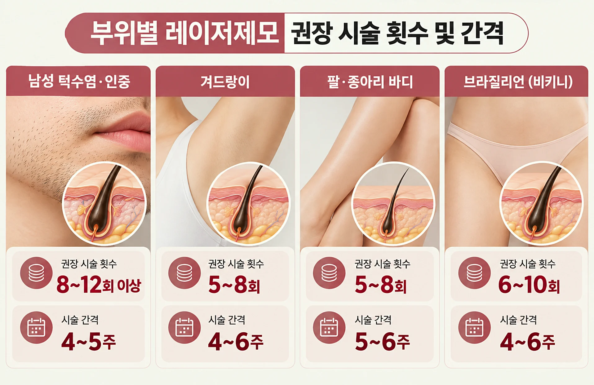 남성 턱수염 겨드랑이 브라질리언 레이저제모 부위별 주기 및 권장 횟수를 보여주는 가이드 캘린더