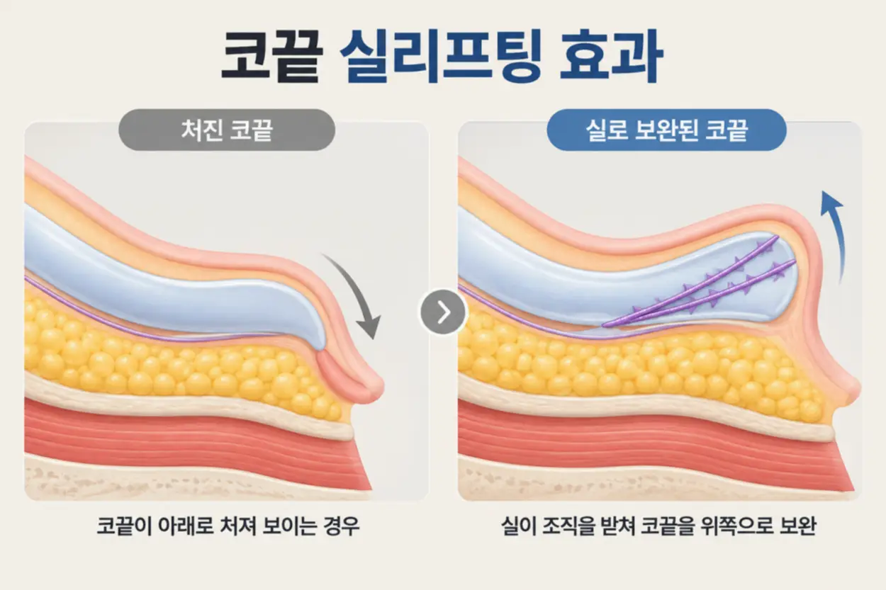 코끝이 아래로 처진 경우와 실이 조직을 받쳐 코끝 방향과 높이감을 위쪽으로 보완하는 모습을 비교한 측면 단면도