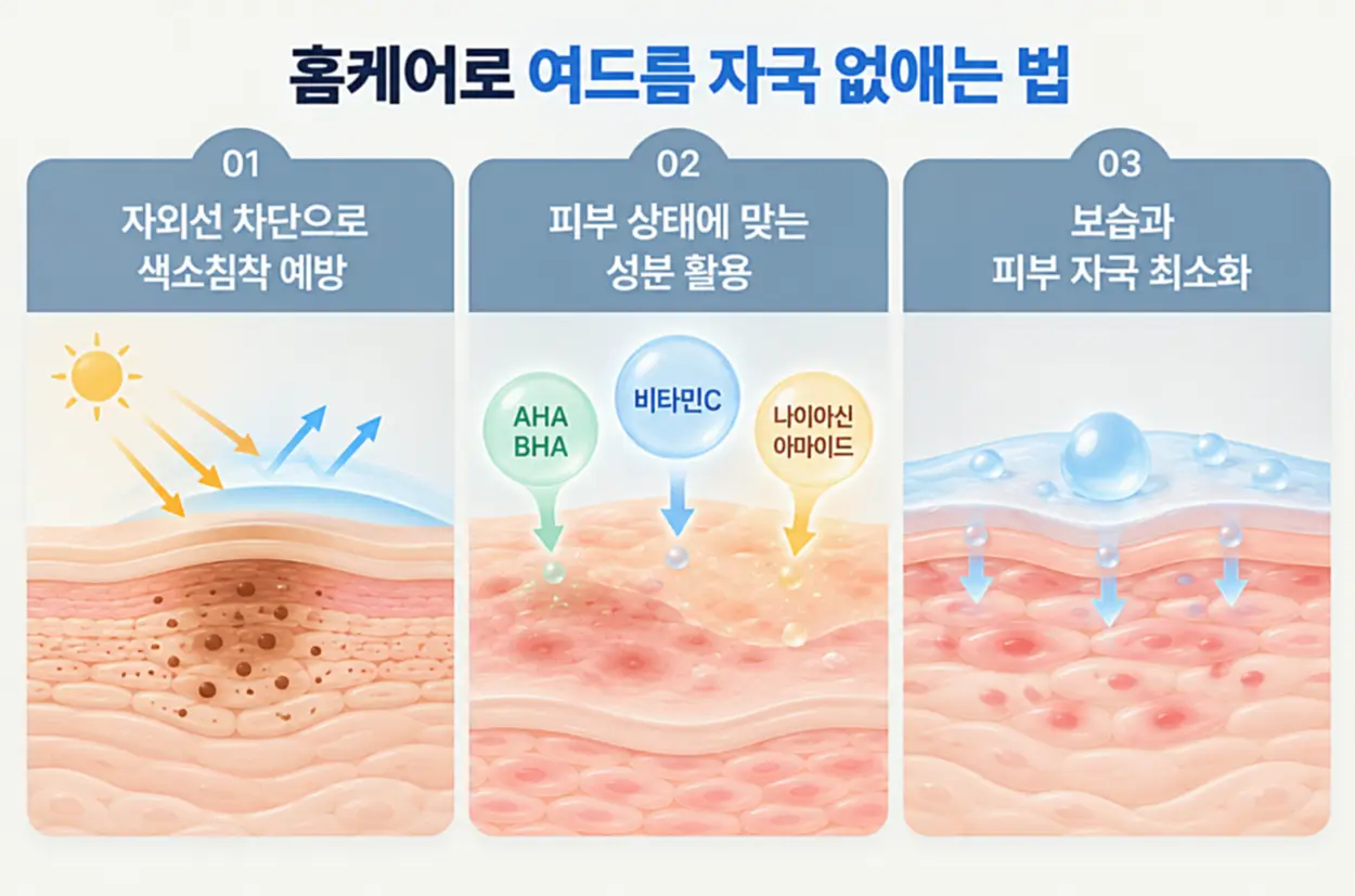 여드름 자국 홈케어 방법 3가지 자외선 차단, 피부 상태에 맞는 성분 활용, 보습 관리.