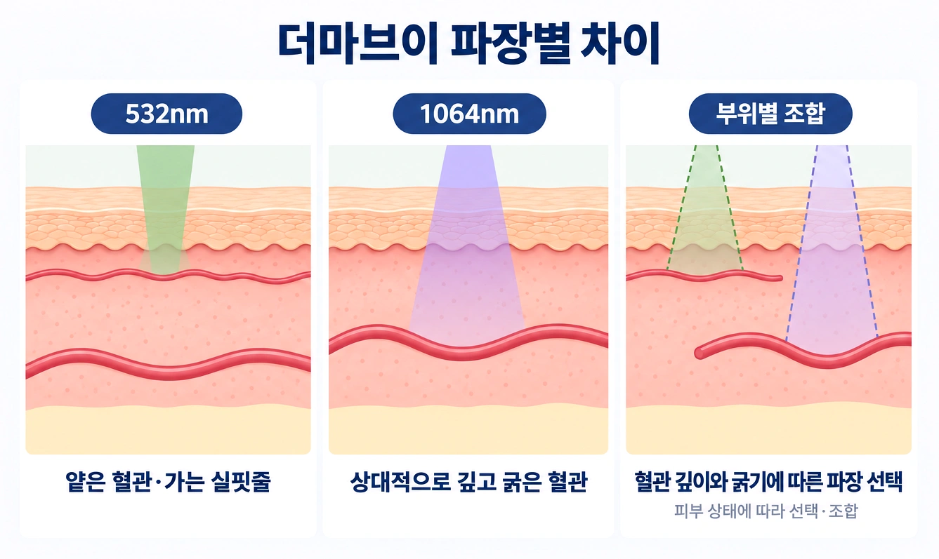 더마브이 혈관레이저의 532nm와 1064nm 파장별 혈관 깊이 및 치료 범위 비교