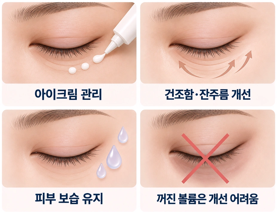 아이크림을 통한 눈가 보습과 잔주름 관리 효과 및 눈밑 볼륨 개선의 한계를 비교한 인포그래픽