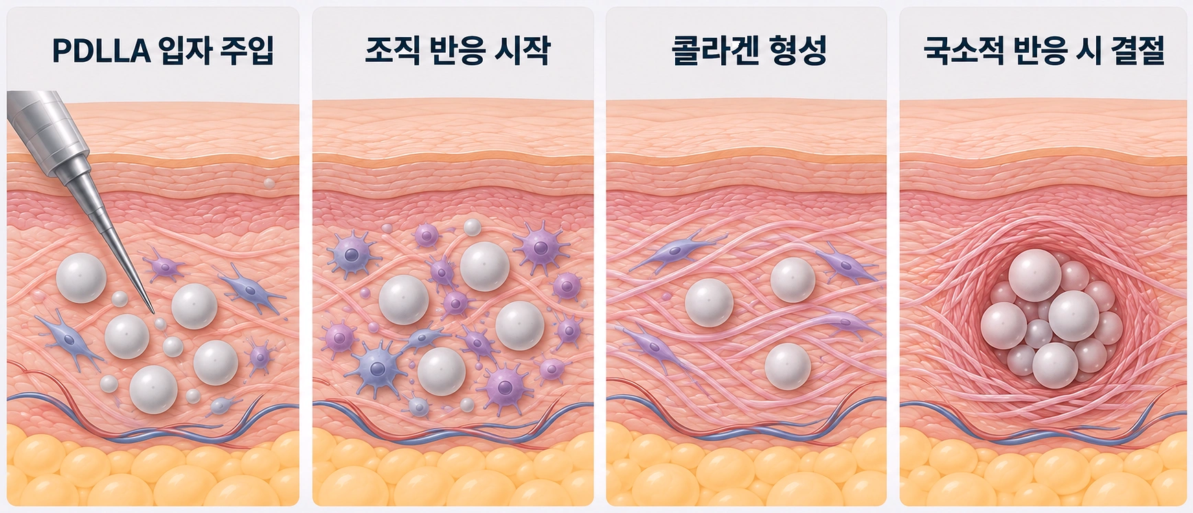 쥬베룩 볼륨의 PDLLA 입자 주입부터 조직 반응, 콜라겐 형성, 국소적 섬유화에 따른 결절 발생 과정을 나타낸 4단계 피부 단면도