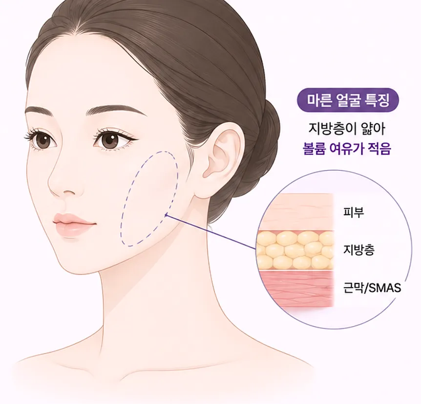 마른 얼굴형 리프팅 시 주의점 - 지방량과 피부 두께 고려