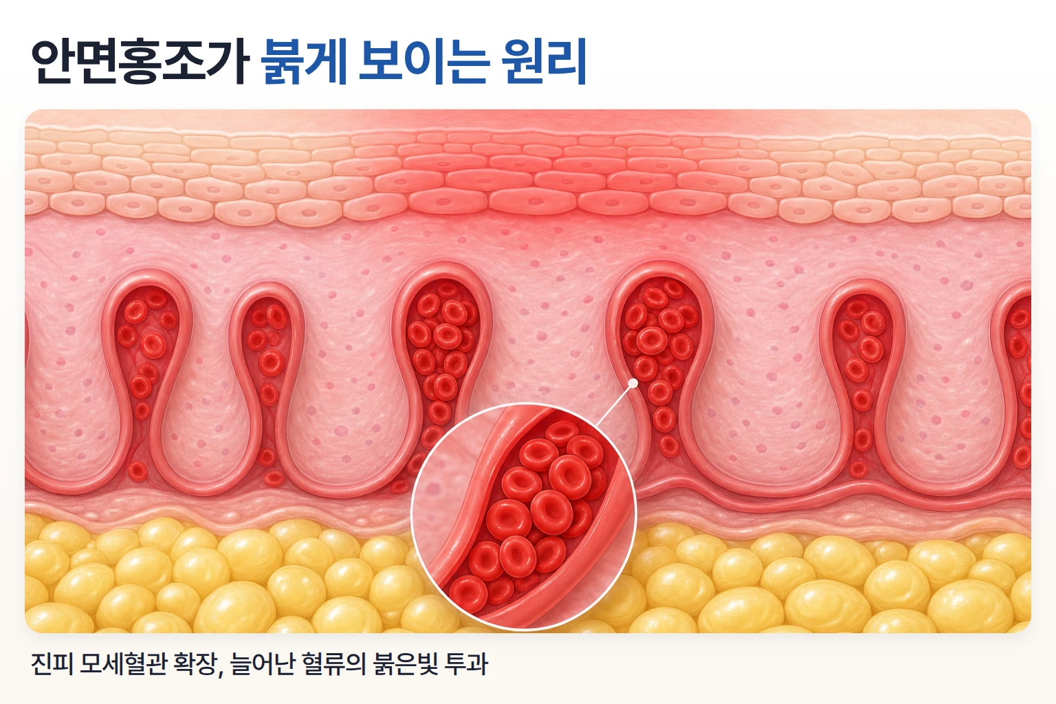 진피 모세혈관이 넓어져 늘어난 혈류의 붉은빛이 피부 표면에 비치는 안면홍조 단면 일러스트