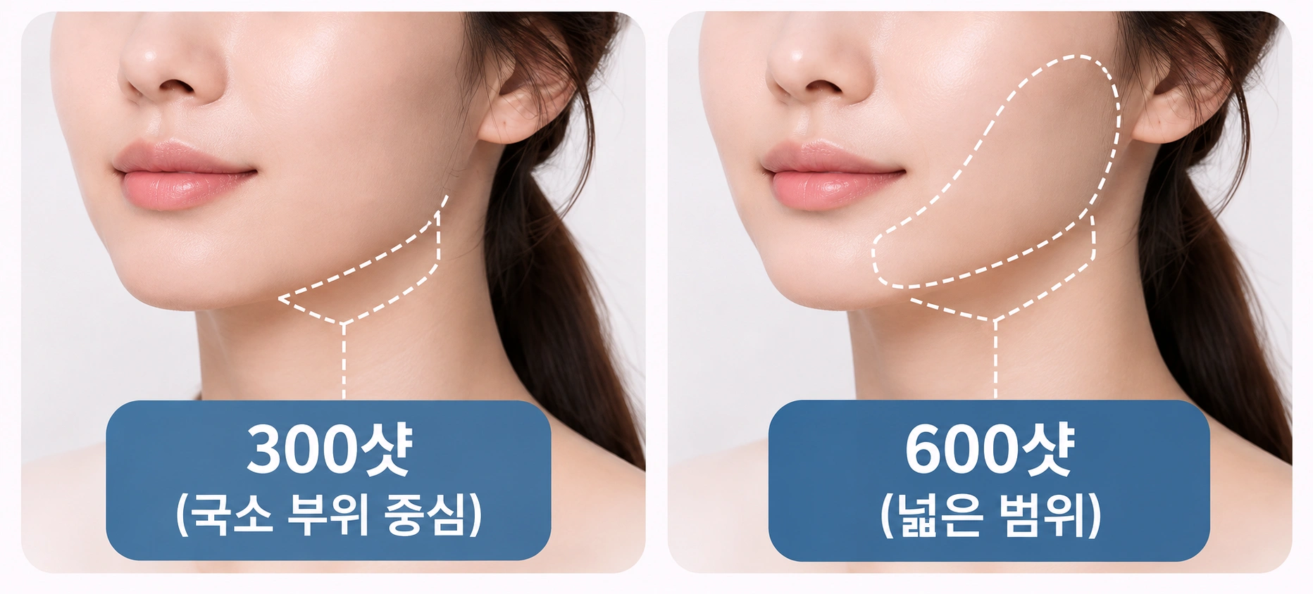 슈링크 300샷은 턱선 등 국소 부위, 600샷은 볼과 턱선을 포함한 넓은 부위에 적용하는 예시를 비교한 얼굴 이미지