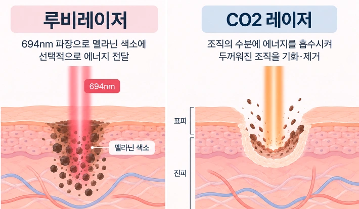 694nm 루비레이저의 멜라닌 색소 선택적 작용과 CO2 레이저의 조직 기화·제거 원리를 비교한 피부 단면 모식도