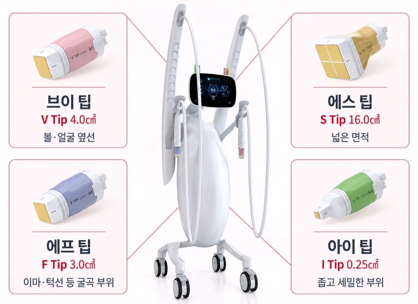 볼뉴머 V팁·F팁·S팁·I팁의 면적과 볼·턱선·이마 등 적용 부위 차이를 정리한 이미지