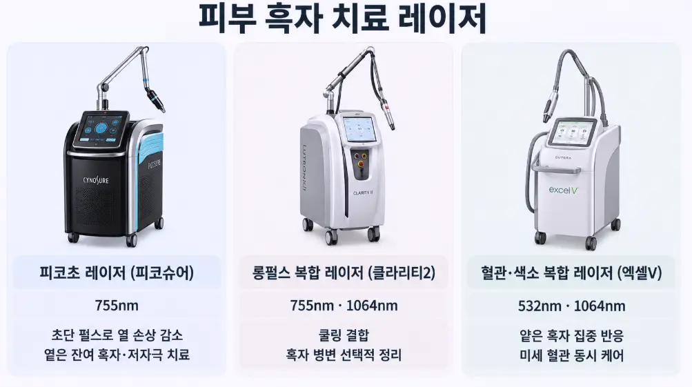피부 흑자 치료에 활용되는 피코슈어 755nm, 클라리티2, 엑셀V 레이저 장비별 특징과 파장 비교
