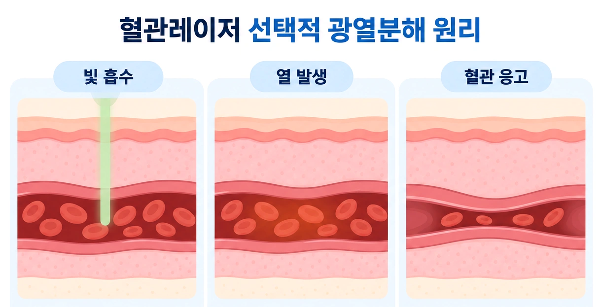 혈관레이저가 혈관 내 혈색소에 선택적으로 흡수되어 열을 발생시키고 혈관을 응고시키는 원리