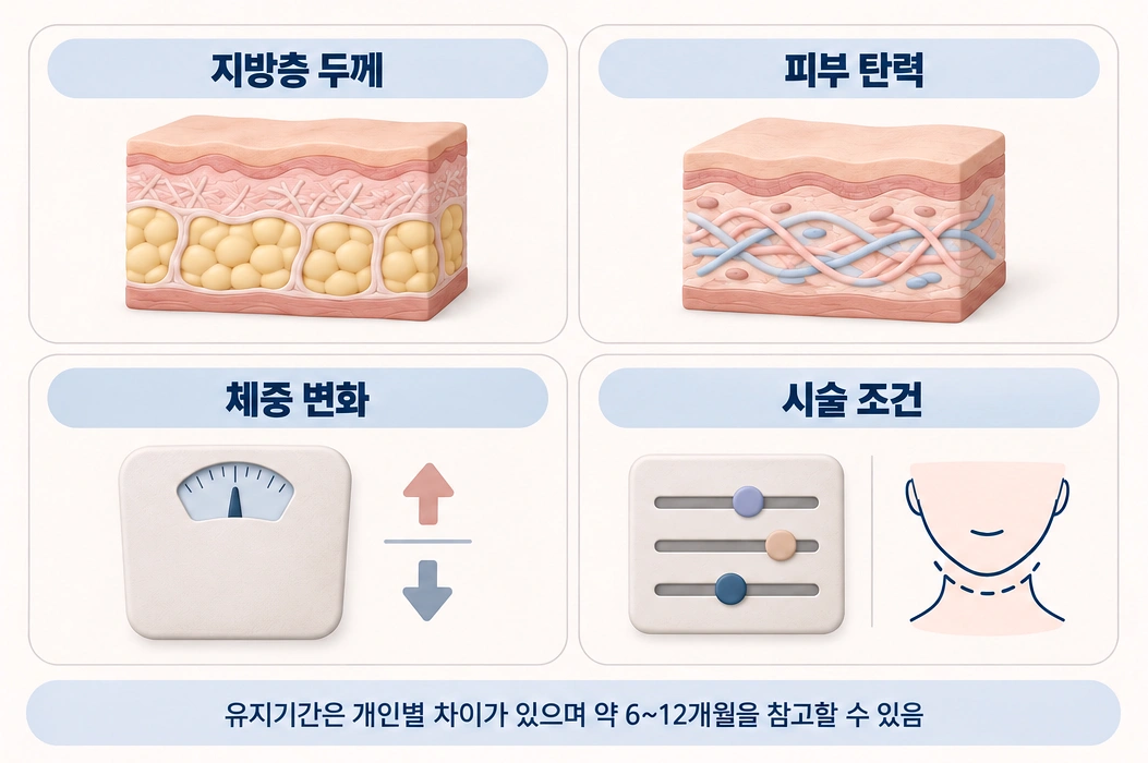 지방층 두께와 피부 탄력, 체중 변화, 시술 조건에 따른 온다리프팅 효과 유지기간의 차이를 설명한 이미지