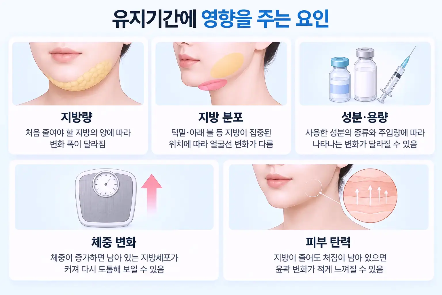 지방량, 부종 경향, 체중, 탄력 등 유지기간에 영향을 주는 요인 정리 카드