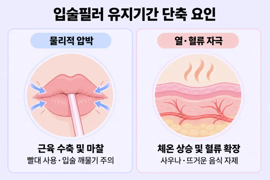 빨대 사용 및 입술 깨물기 등 근육 수축 마찰의 물리적 압박과 사우나 등 체온 상승으로 혈류가 확장되는 열 자극을 정리한 입술필러 유지기간 단축 요인 안내 이미지