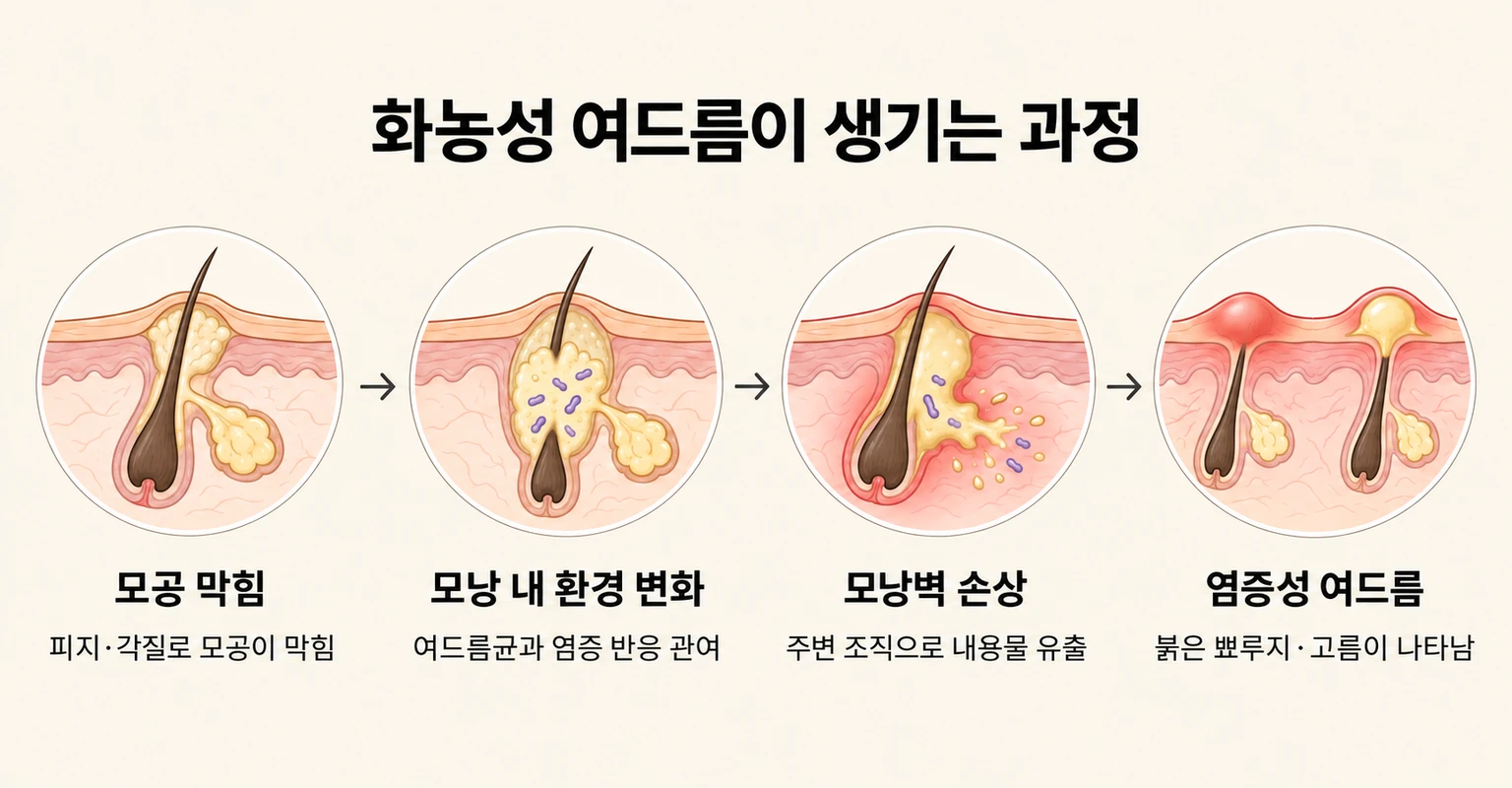 모공 막힘부터 염증과 고름이 생기기까지의 네 단계 발생 과정