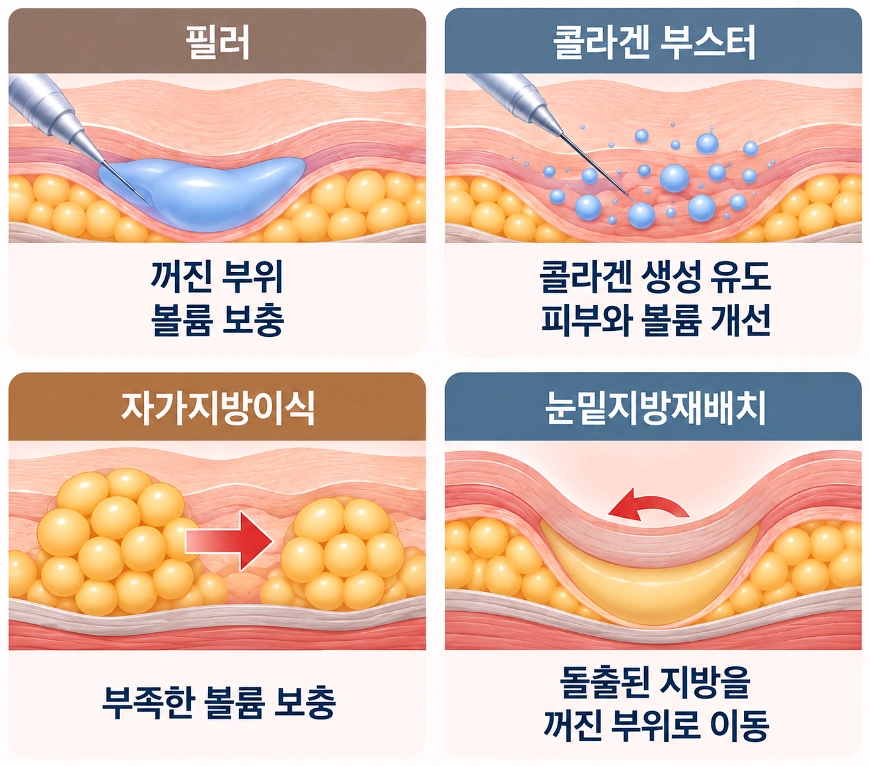 눈밑꺼짐 개선에 활용되는 필러, 콜라겐 부스터, 자가지방이식, 눈밑지방재배치의 원리를 비교한 피부 단면도