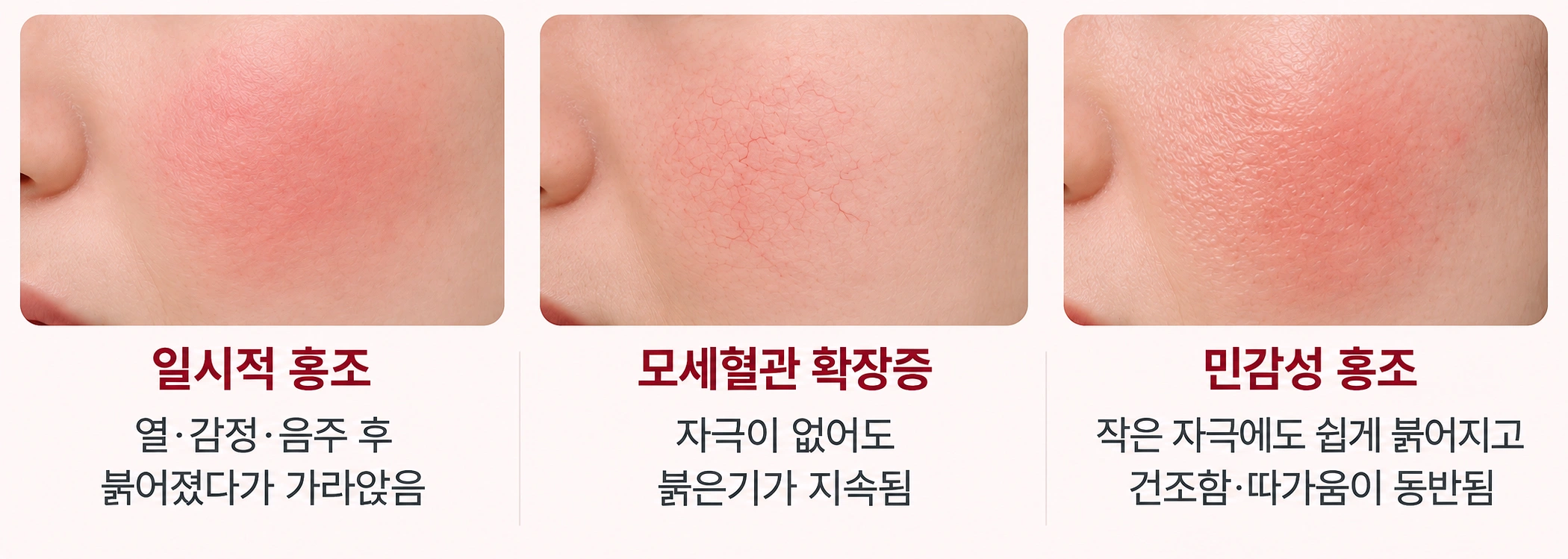 일시적 홍조, 모세혈관 확장증, 민감성 홍조의 피부 붉은기 양상과 특징을 나란히 비교한 사진