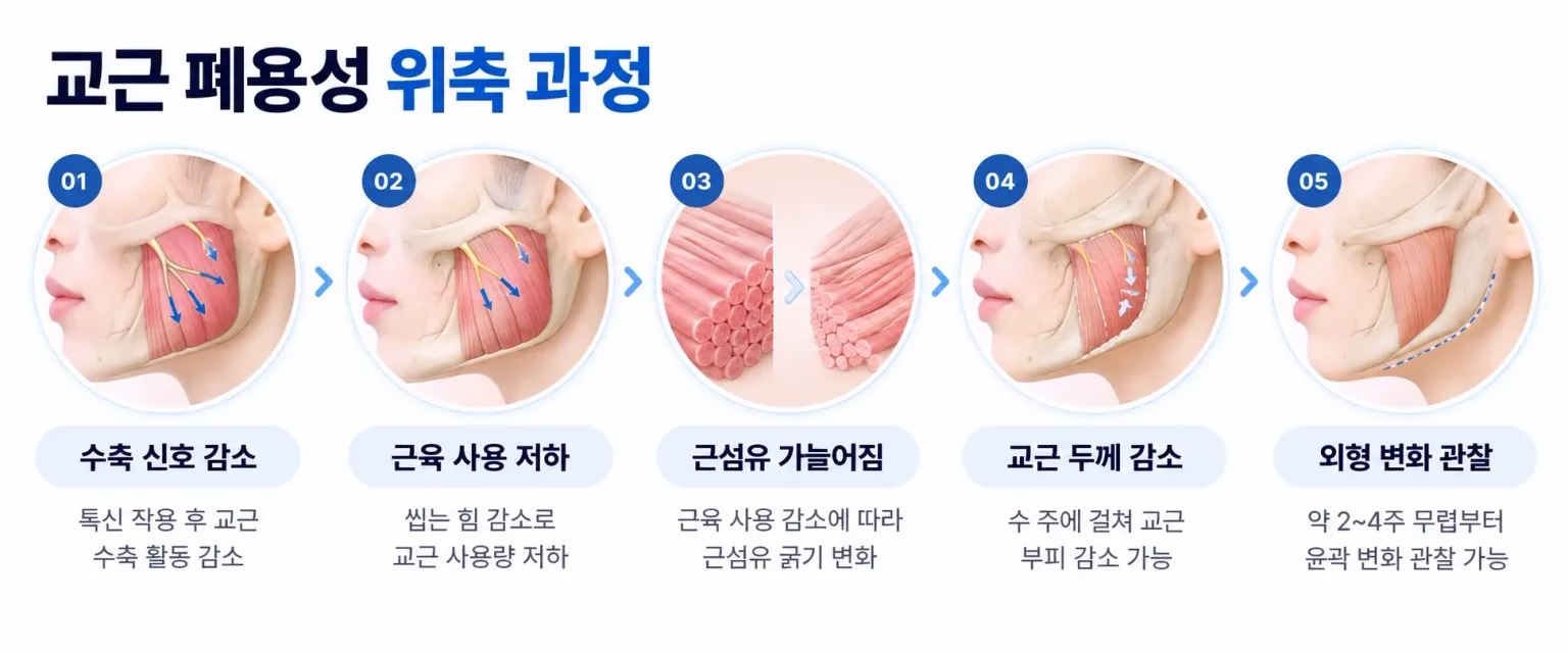 턱보톡스 후 교근 수축 신호 감소부터 근섬유가 가늘어지는 폐용성 위축까지 단계별 흐름