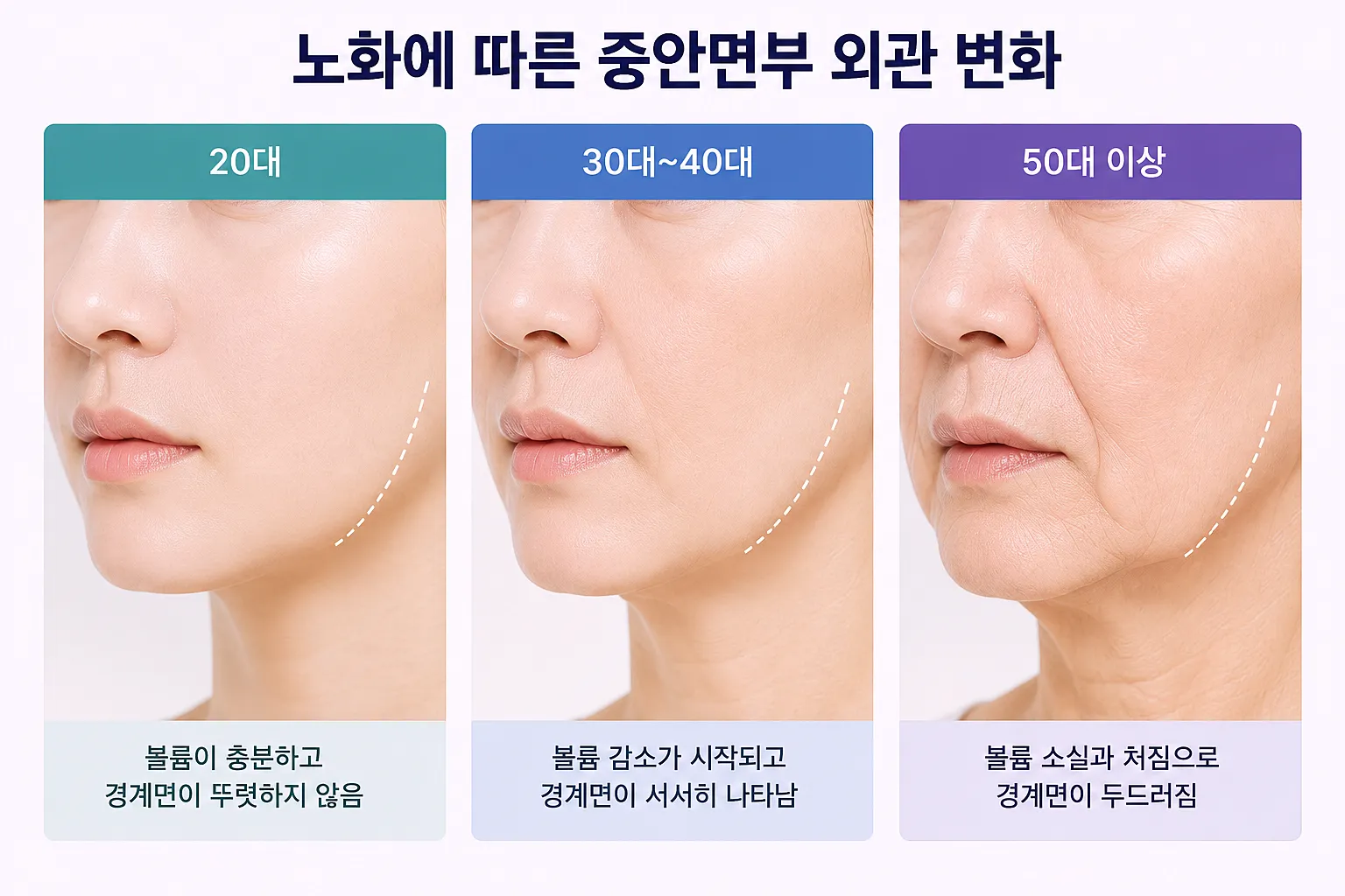 팔자주름 원인 중안면부 지방 위축 콜라겐 감소 연부조직 하방 이동 비교표