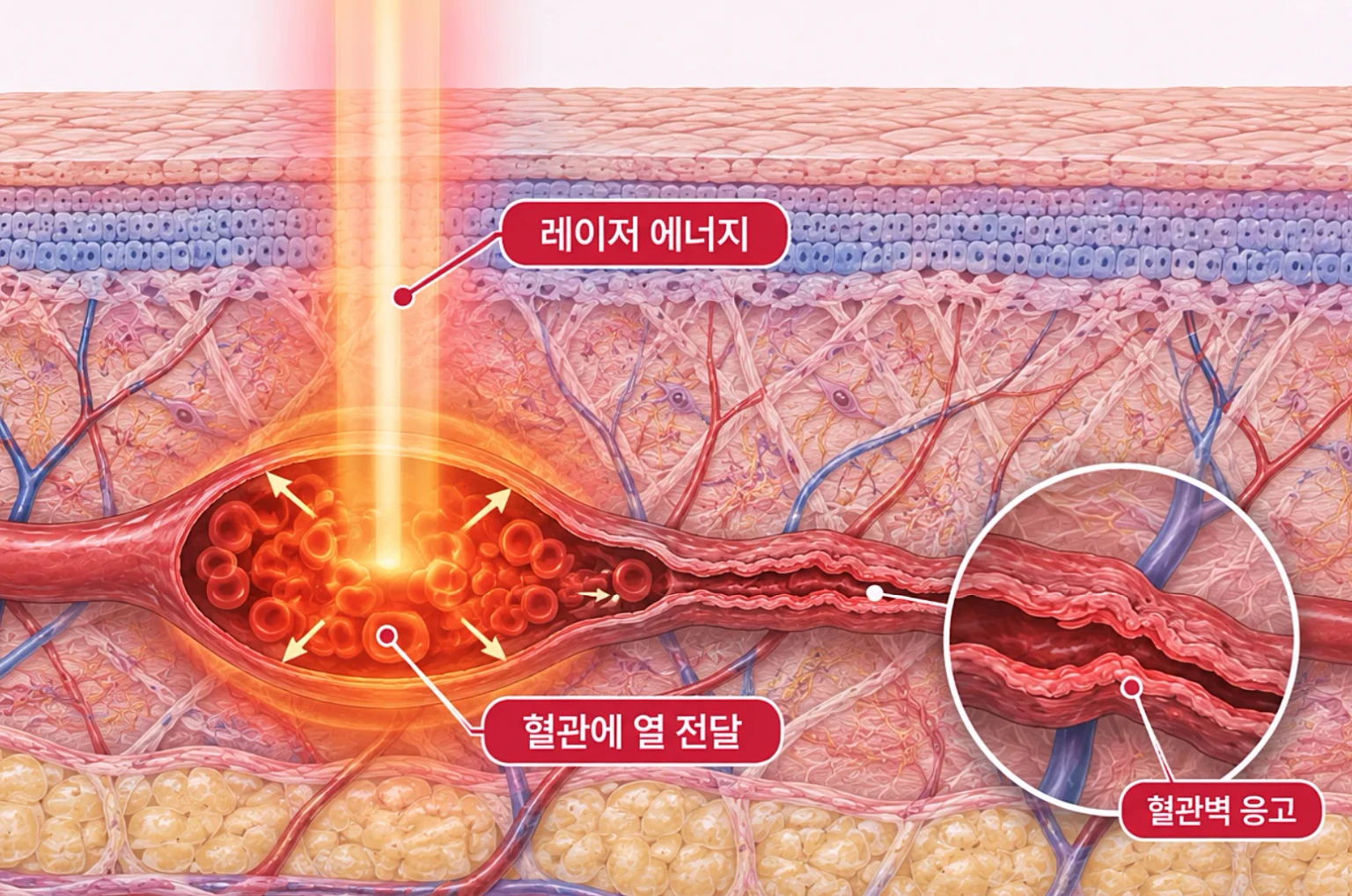 595nm 에너지가 확장된 혈관의 헤모글로빈에 흡수되어 혈관벽이 좁아지는 과정을 나타낸 피부 단면도