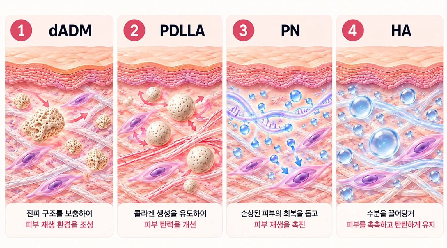 HA PN PDLLA dADM 스킨부스터 성분별 피부속 작용 개념도