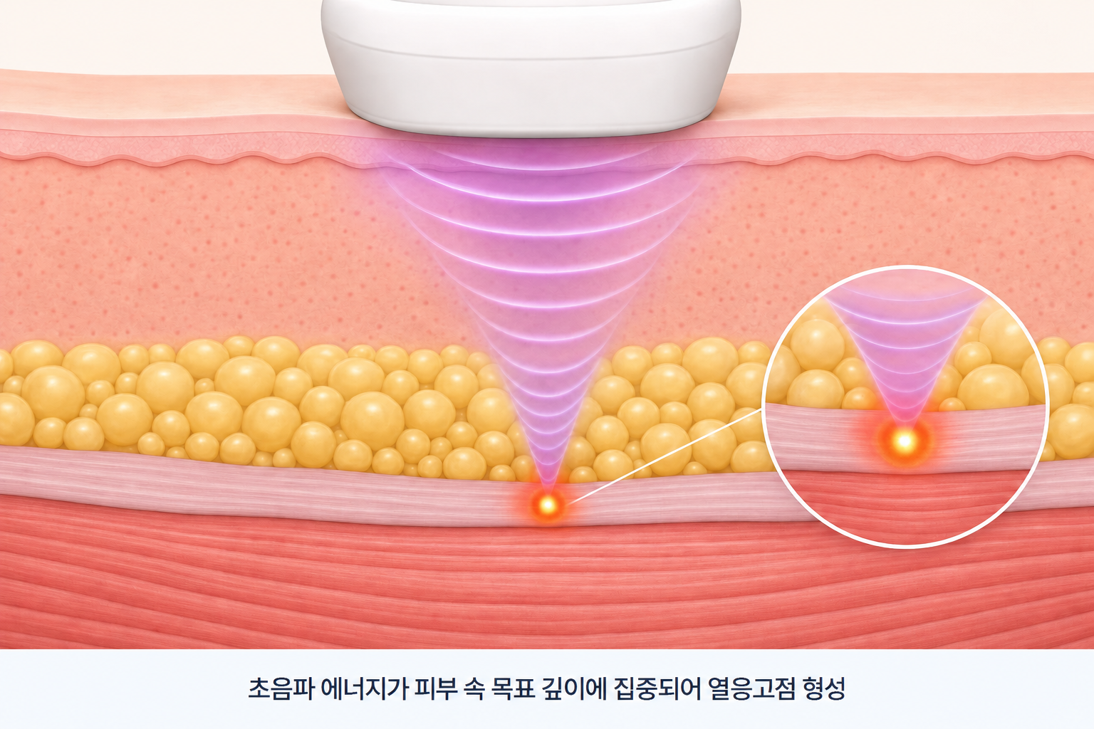 울쎄라 통증 원인이 되는 집속초음파의 피부층 통과와 목표 깊이의 열응고점 형성 과정