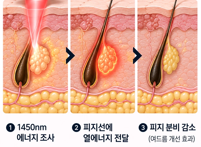 1450nm 에너지를 피지선에 전달해 피지 분비를 조절하는 네오빔 레이저 원리