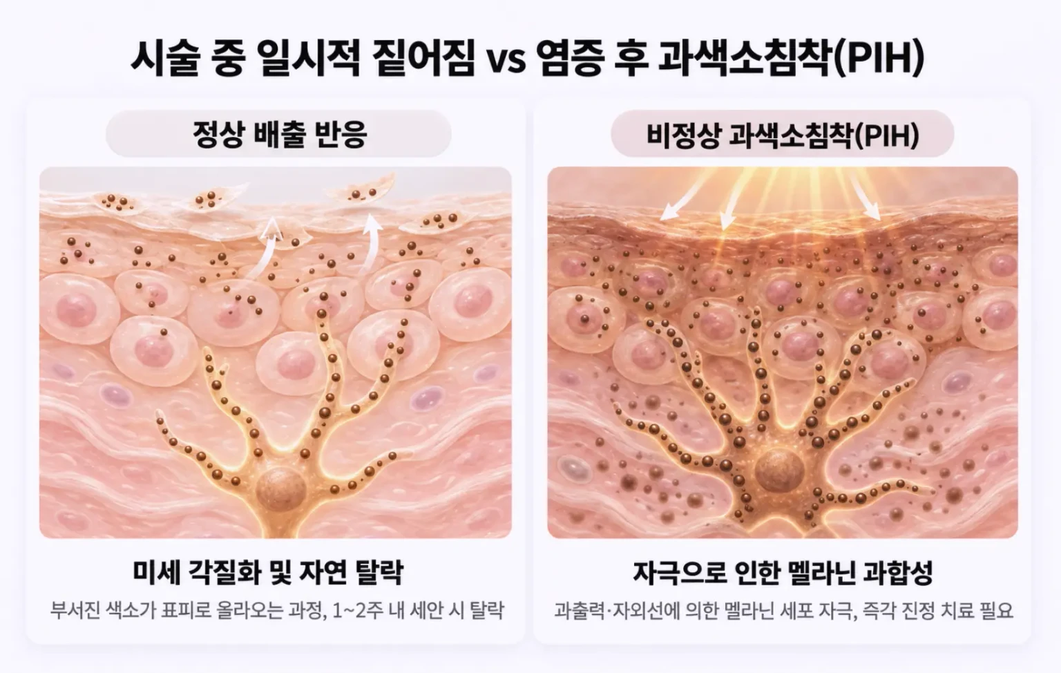 색소침착 레이저 후 부서진 색소가 올라오는 정상 각질 반응과 멜라닌 과합성으로 인한 비정상 과색소침착 PIH 비교 모식도