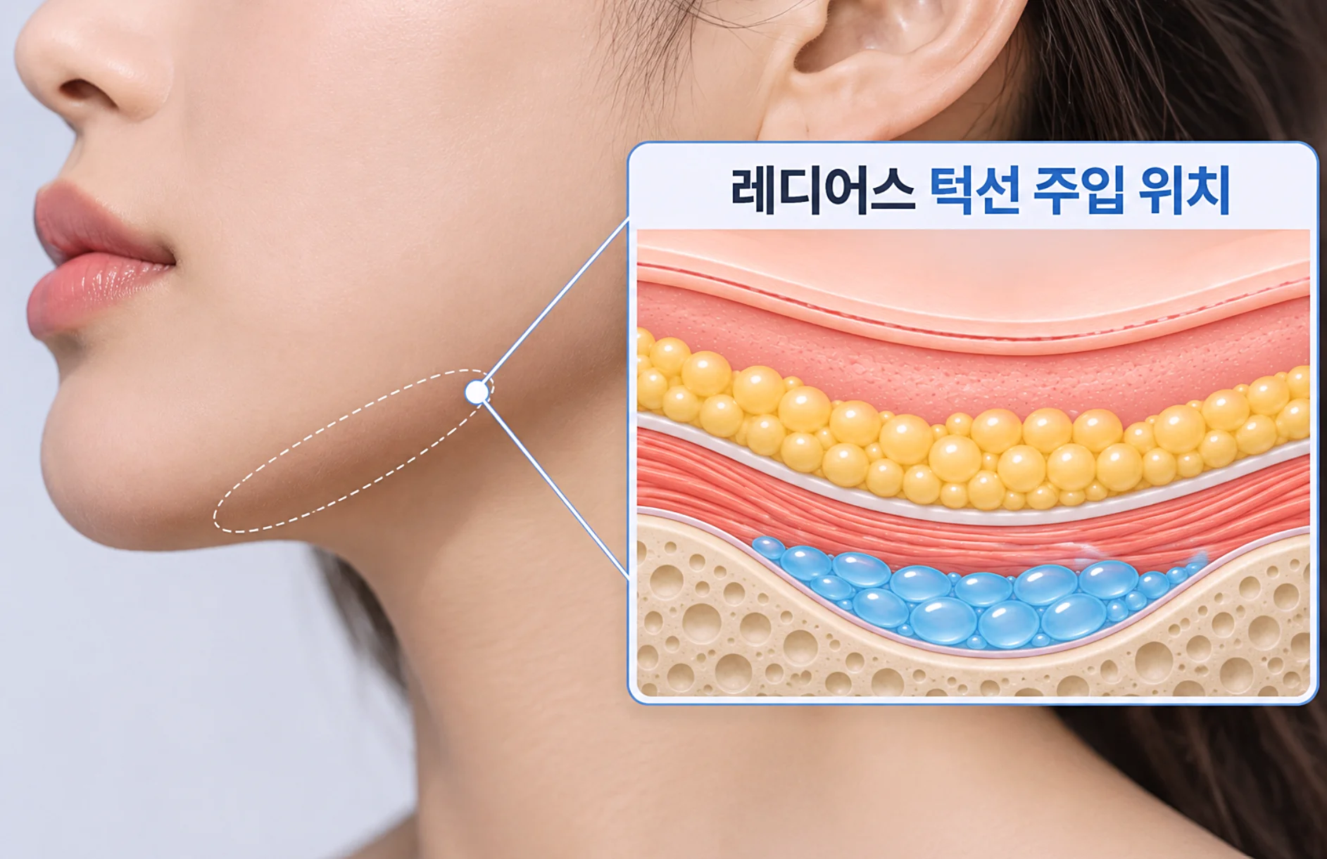 턱끝과 하악각 사이 꺼진 지점을 뼈 가까운 깊은 층에서 받치는 래디어스 턱선 주입 위치 단면도