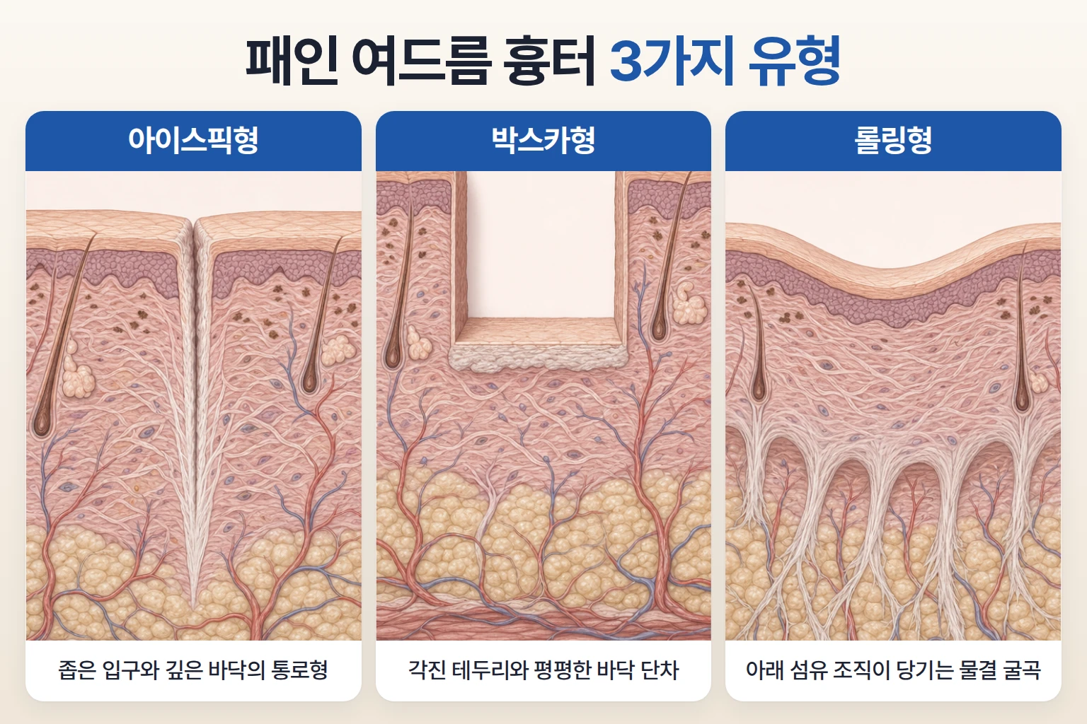 아이스픽, 박스카, 롤링 흉터의 깊이와 단면 모양을 동일 배율로 비교한 피부 단면도
