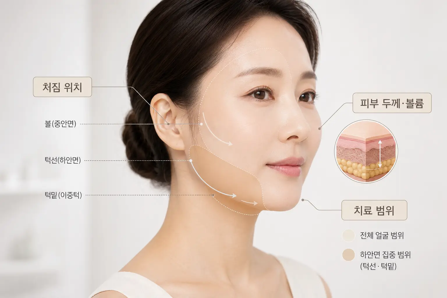 써마지 울쎄라 선택 기준인 얼굴 처짐 위치와 피부 두께, 볼륨 및 치료 범위