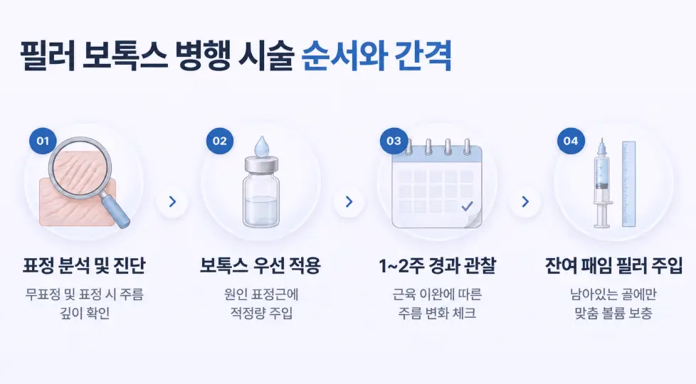 보톡스 우선 적용 후 1~2주 경과 관찰 및 잔여 패임 필러 주입 4단계 순서