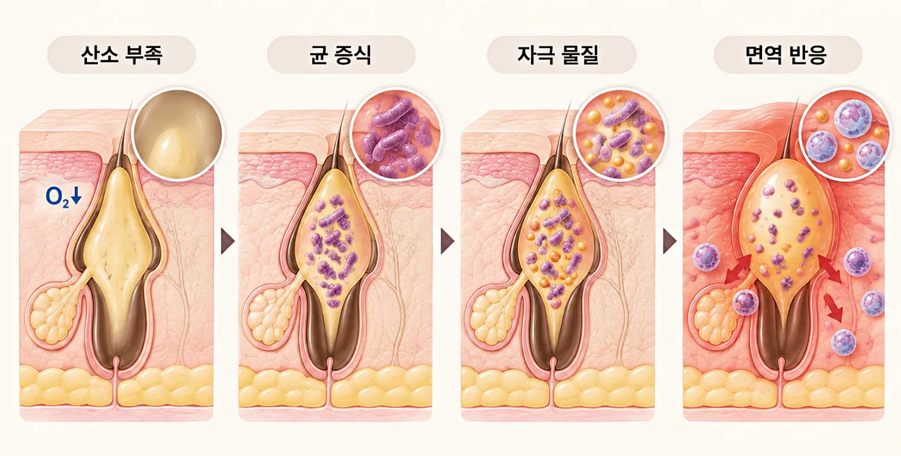 막힌 모공 내부 환경과 염증 발생 과정