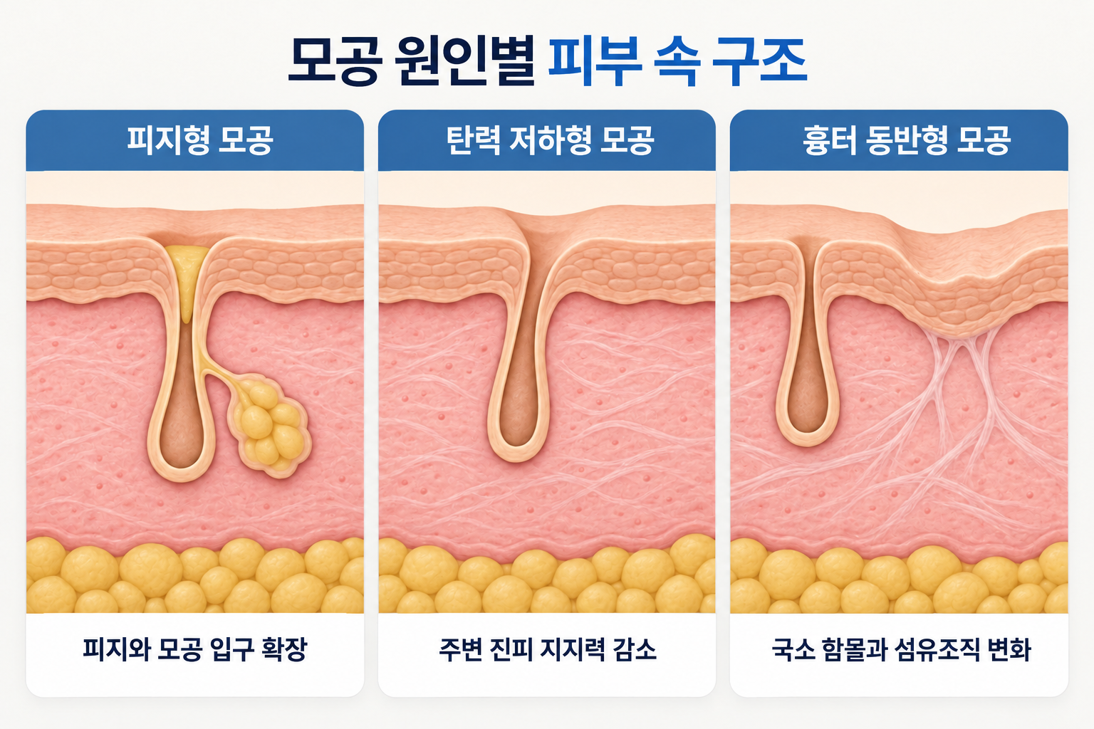 피지 분비 증가와 피부 탄력 저하, 여드름 흉터에 따른 모공 유형별 피부 속 구조를 비교한 이미지