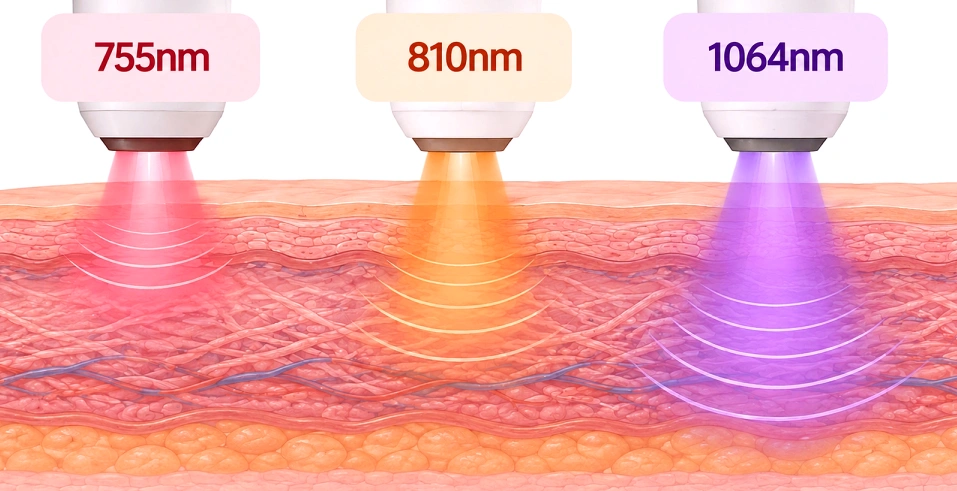 티타늄리프팅 755nm, 810nm, 1064nm 세 가지 레이저 파장의 피부층별 에너지 도달 범위를 비교한 단면도
